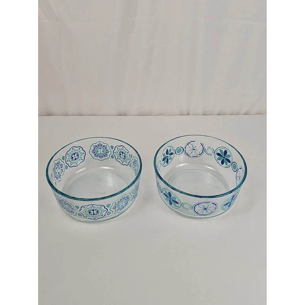 Vintage Pyrex Blue Turquoise Floral Medallion Glass Bowls Set of 2 USA 7